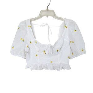 Altar'd State White Floral Embroidered Crop Top Puff Sleeves Smocked Back Size M